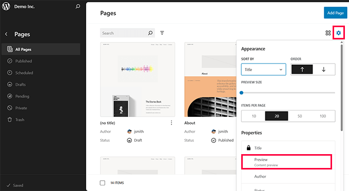 Pages grid showing content preview 显示内容预览的页面网格